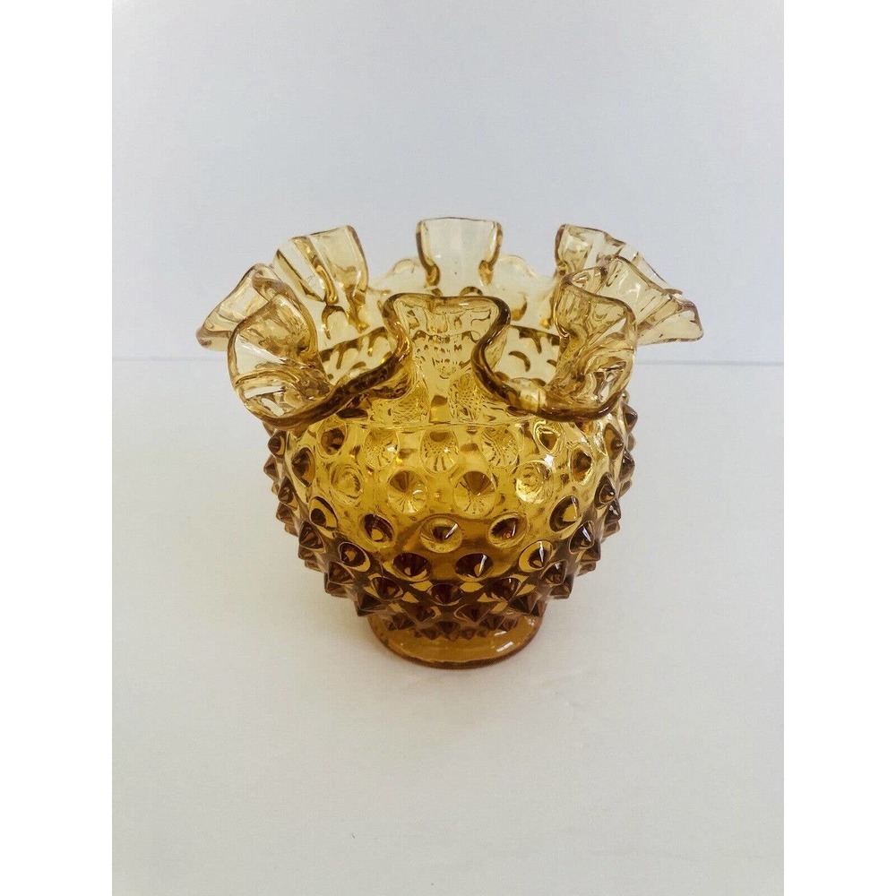 Fenton Amber Hobnail Ruffle Vase